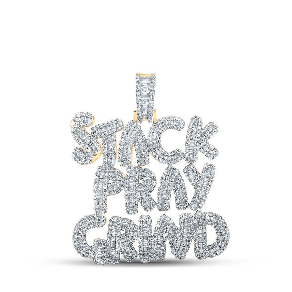 10kt Yellow Gold Mens Baguette Diamond Stack Pray Grind Phrase Charm Pendant 3 Cttw