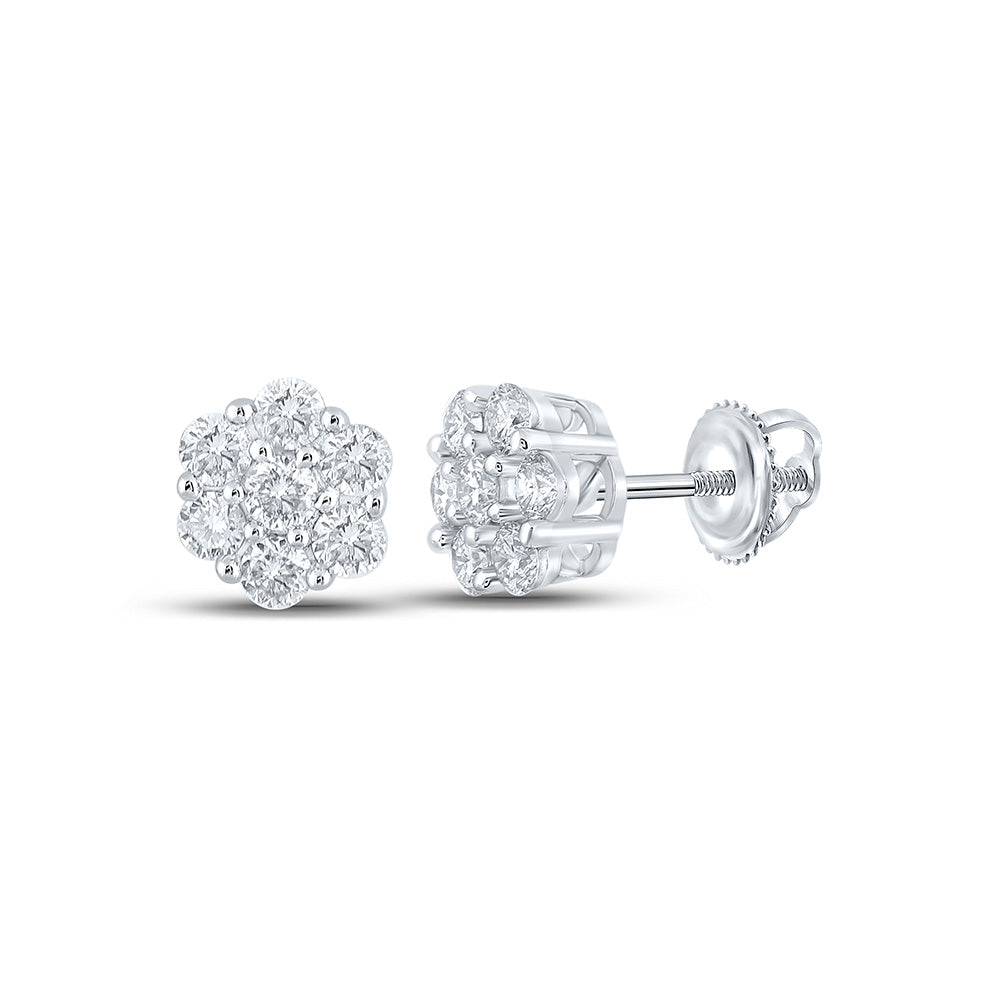 10kt White Gold Round Diamond Flower Cluster Earrings 1/2 Cttw