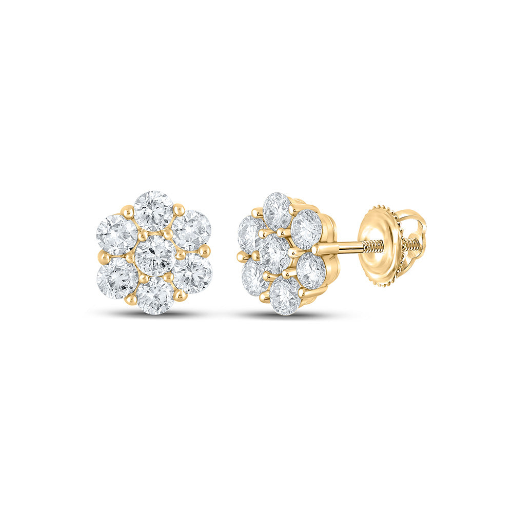 14kt Yellow Gold Round Diamond Flower Cluster Earrings 1-7/8 Cttw