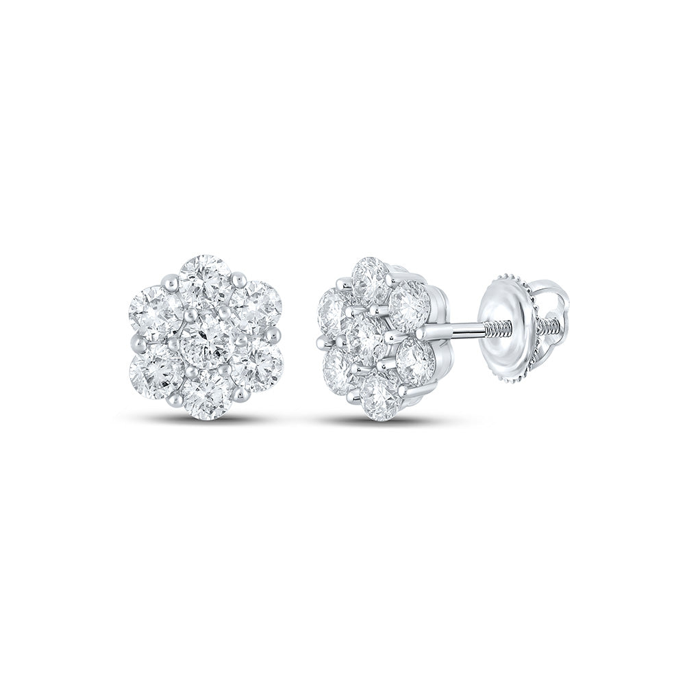 14kt White Gold Round Diamond Flower Cluster Earrings 1-7/8 Cttw
