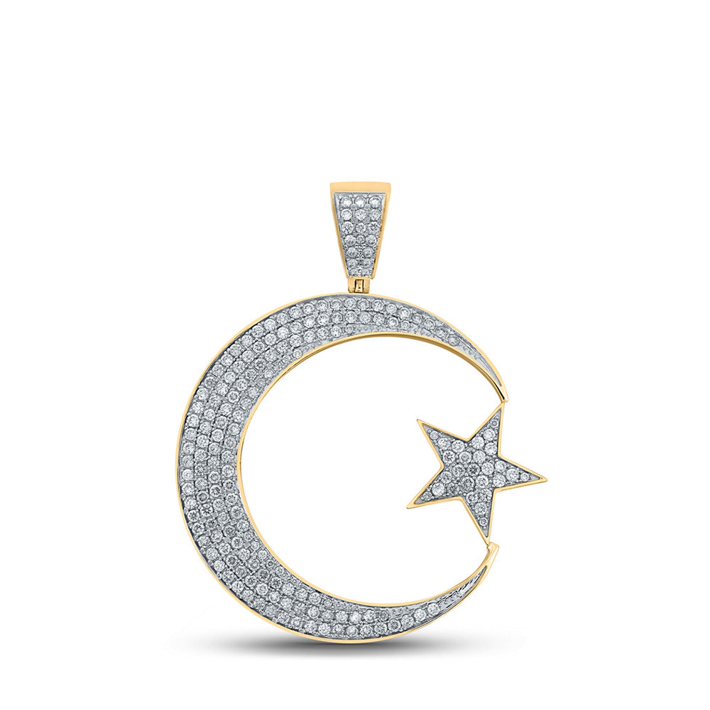 10kt Yellow Gold Mens Round Diamond Islam Crescent Moon Star Charm Pendant 1-7/8 Cttw