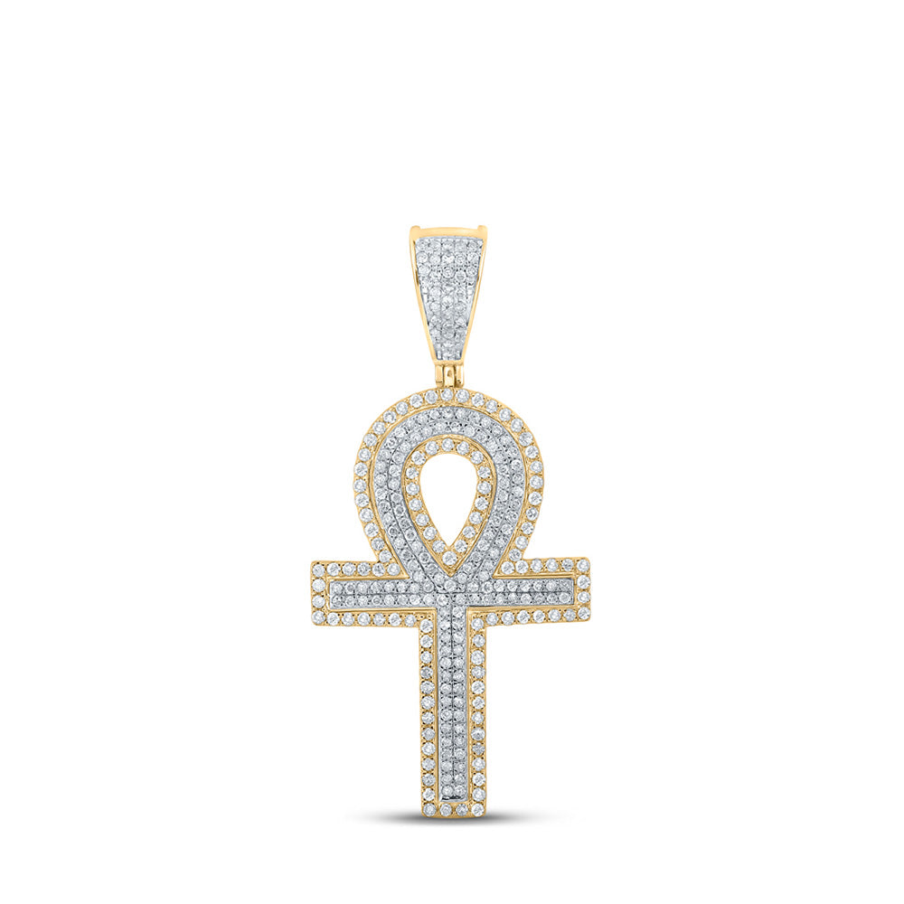 10kt Two-tone Gold Mens Round Diamond Ankh Cross Charm Pendant 7/8 Cttw