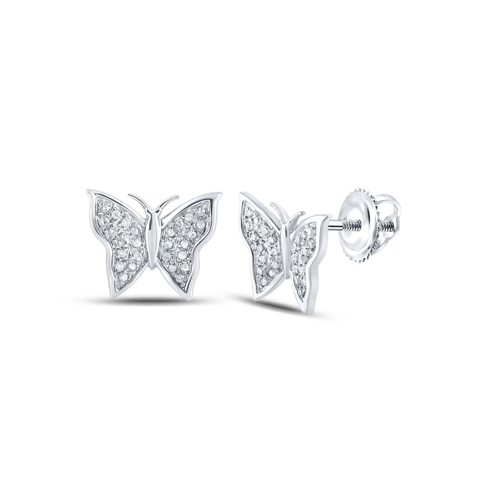 10kt White Gold Womens Round Diamond Butterfly Earrings 1/8 Cttw