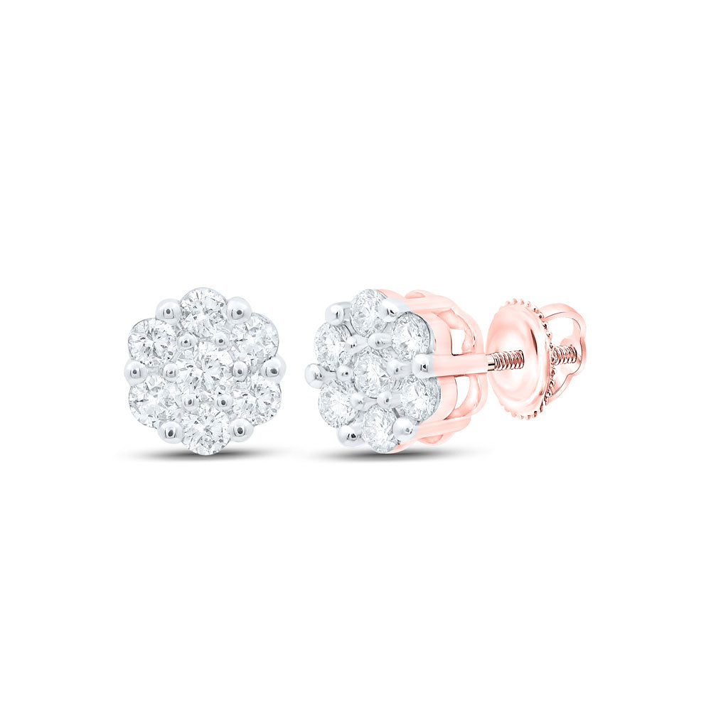 10kt Rose Gold Womens Round Diamond Flower Cluster Earrings 1/5 Cttw