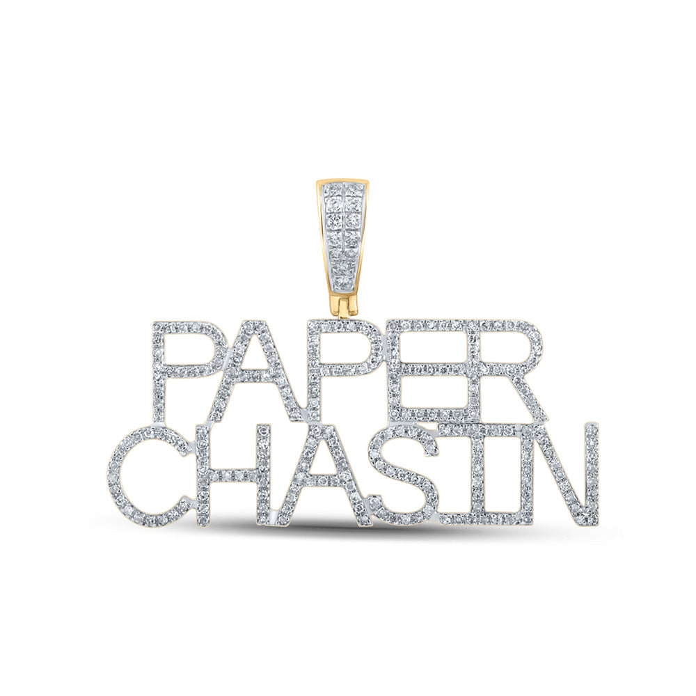 10kt Yellow Gold Mens Round Diamond Paper Chasin Phrase Charm Pendant 5/8 Cttw