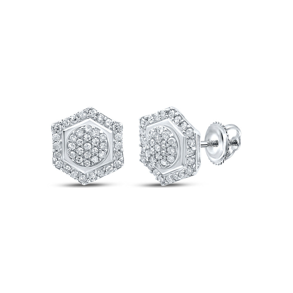Sterling Silver Womens Round Diamond Hexagon Cluster Earrings 1/3 Cttw