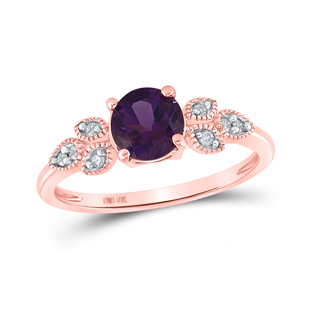 10kt Rose Gold Womens Round Lab-Created Amethyst Floral Solitaire Ring 7/8 Cttw