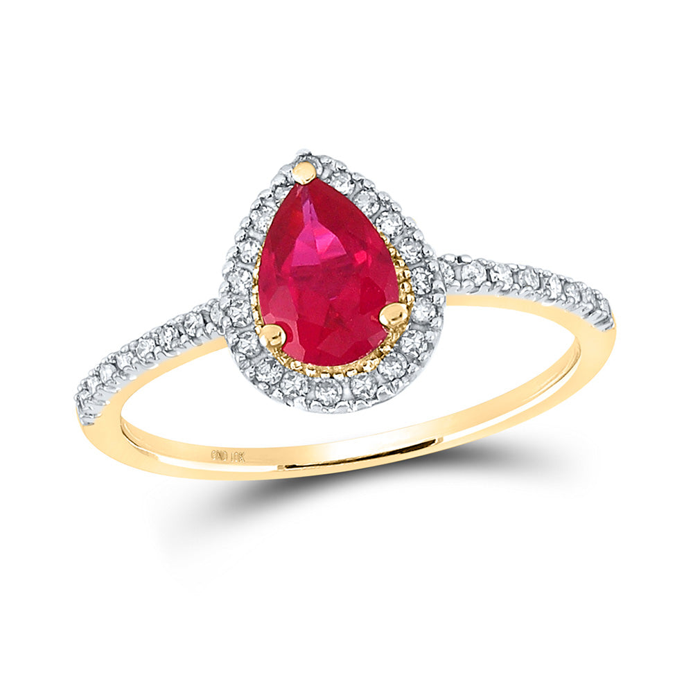 10kt Yellow Gold Womens Pear Lab-Created Ruby Solitaire Ring 1 Cttw