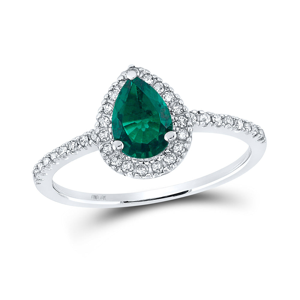 10kt White Gold Womens Pear Lab-Created Emerald Solitaire Ring 7/8 Cttw