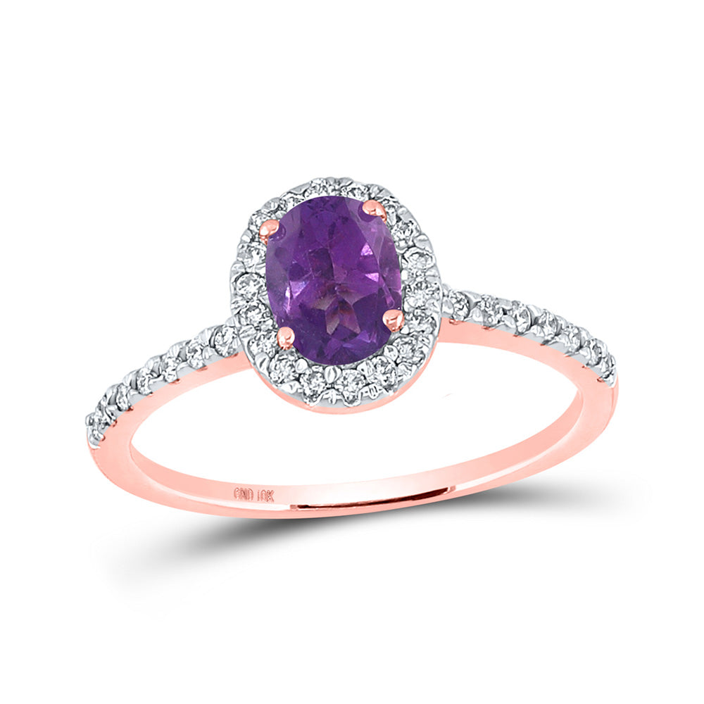 10kt Rose Gold Womens Oval Lab-Created Amethyst Solitaire Ring 1 Cttw