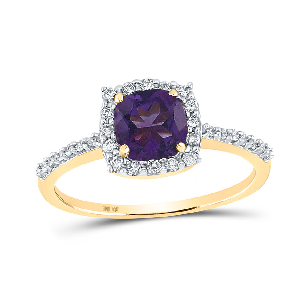 10kt Yellow Gold Womens Cushion Lab-Created Amethyst Diamond Solitaire Ring 1 Cttw