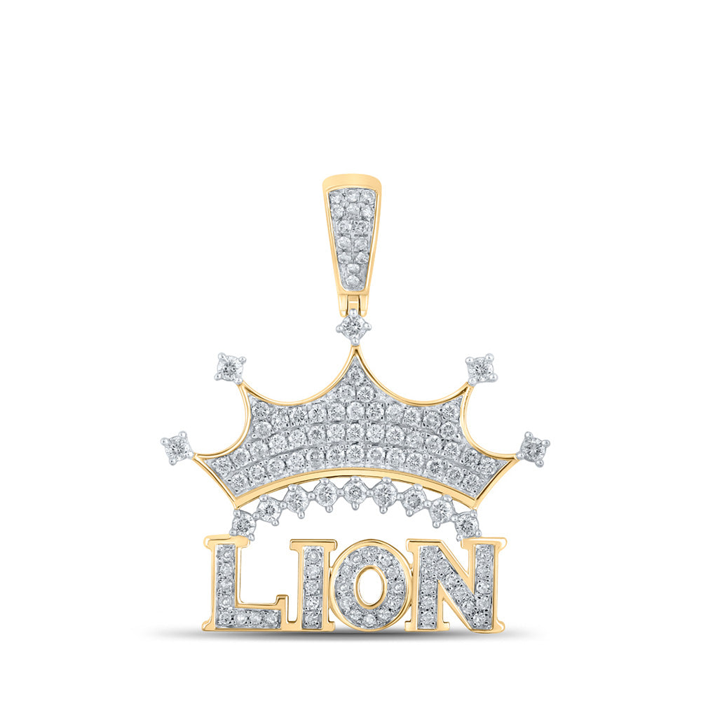 10kt Yellow Gold Mens Round Diamond Lion Crown Phrase Charm Pendant 7/8 Cttw