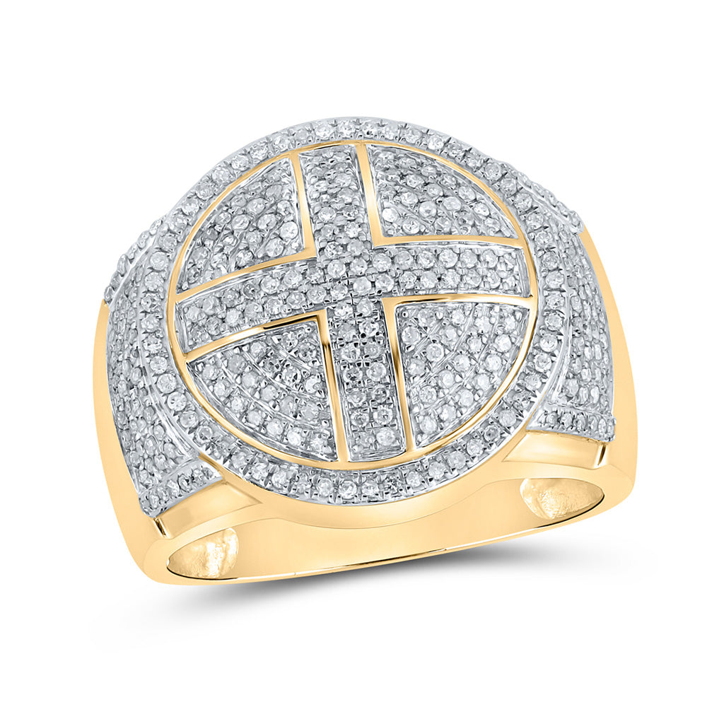 10kt Yellow Gold Mens Round Diamond Cross Circle Ring 3/4 Cttw