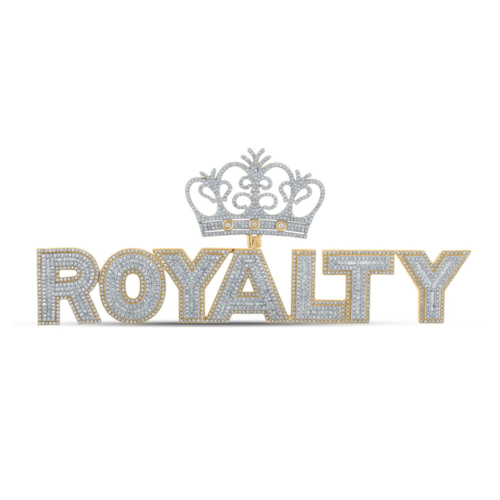 10kt Yellow Gold Mens Baguette Diamond Royalty Crown Phrase Charm Pendant 4-5/8 Cttw