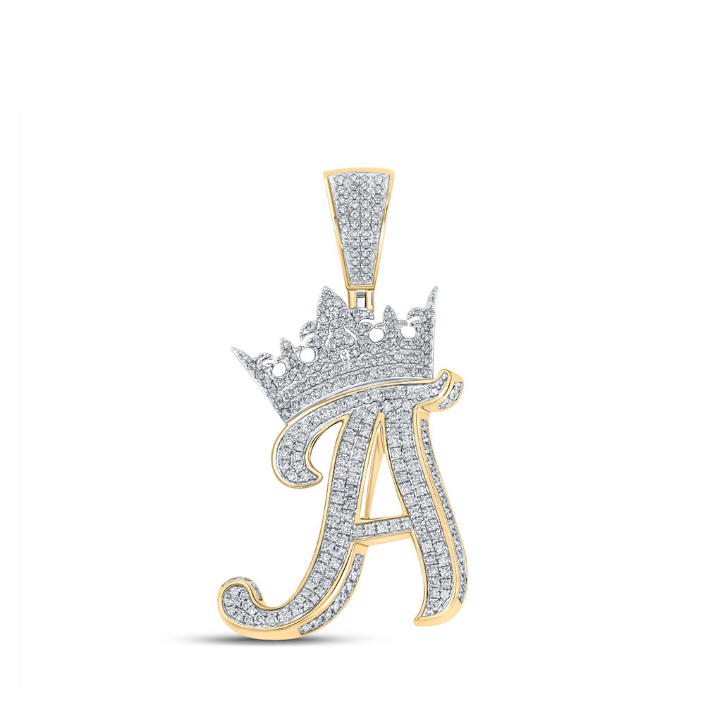 10kt Two-tone Gold Mens Round Diamond Crown A Letter Charm Pendant 1-1/2 Cttw