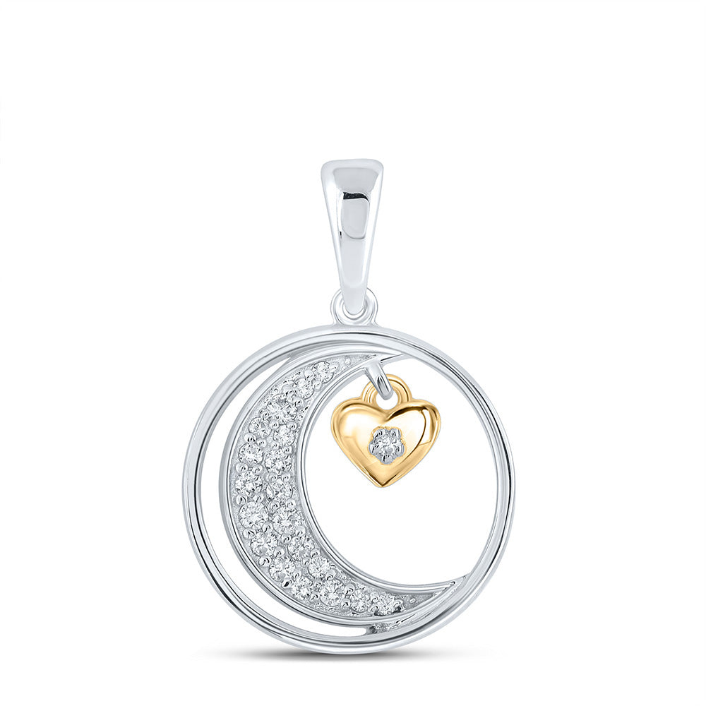 10kt Two-tone Gold Womens Round Diamond Moon Heart Circle Pendant 1/6 Cttw