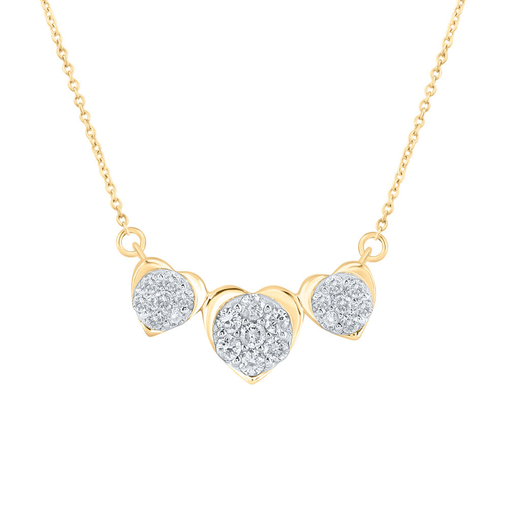 Gold Triple Heart Necklace 1/4 Cttw Round Natural Diamond Womens
