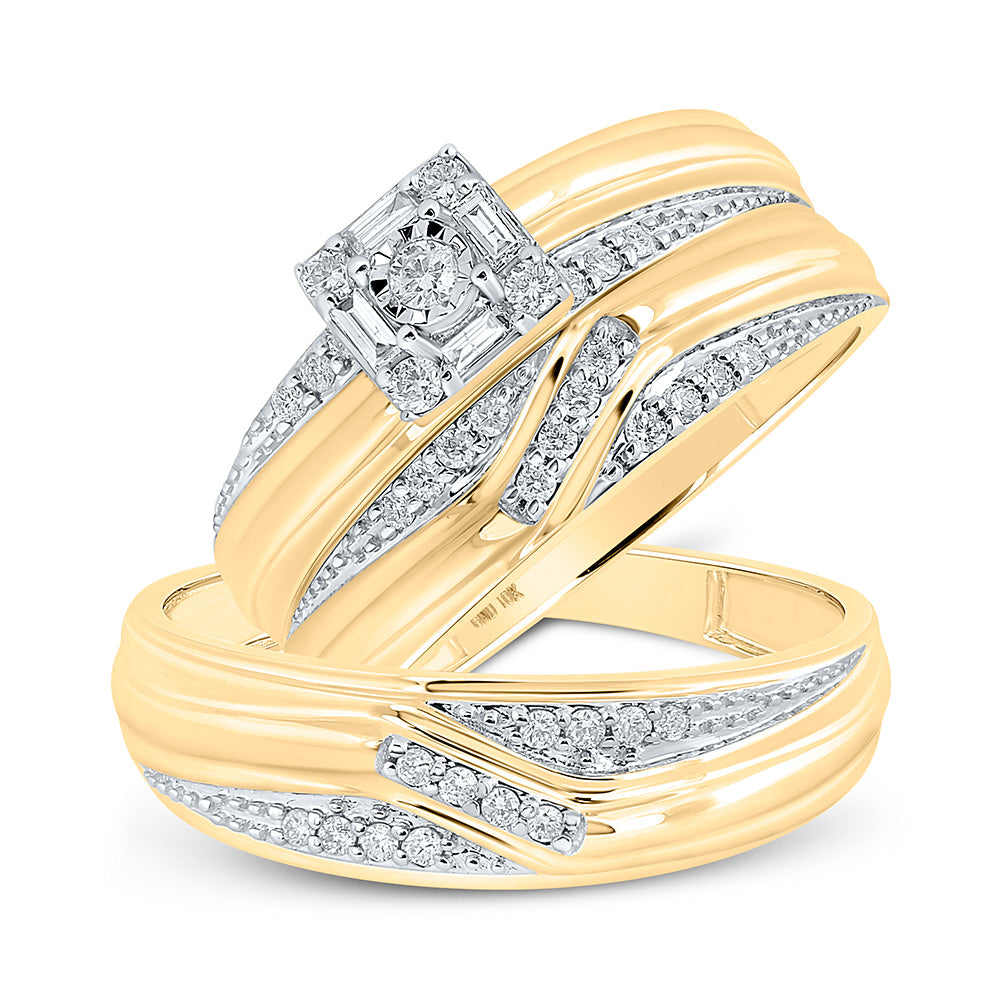 Gold Square Matching Wedding Set 1/3 Cttw Round Natural Diamond His Hers