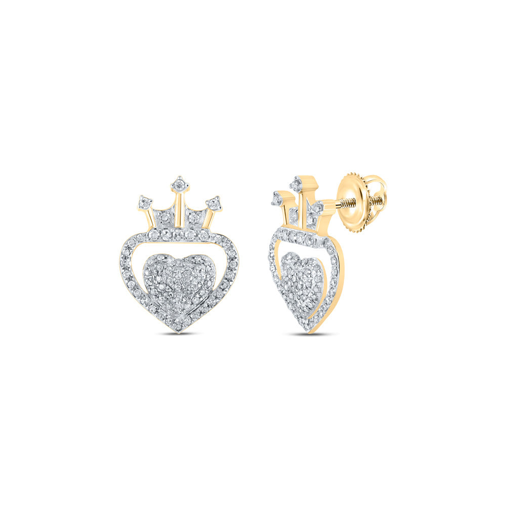 10kt Yellow Gold Womens Round Diamond Crown Heart Earrings 1/3 Cttw