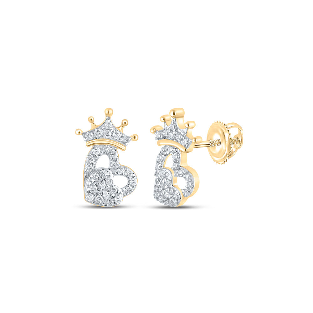 10kt Yellow Gold Womens Round Diamond Crown Heart Earrings 1/8 Cttw