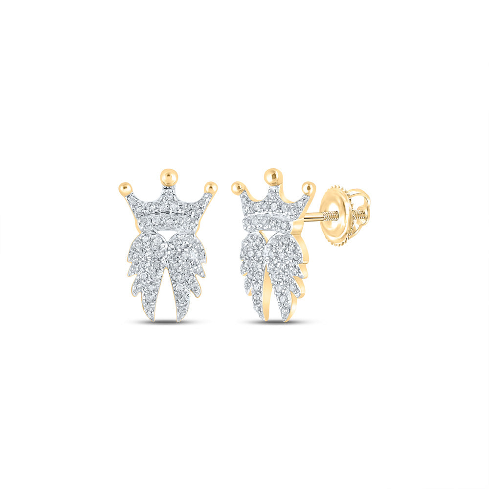10kt Yellow Gold Womens Round Diamond Crown Wings Earrings 1/4 Cttw