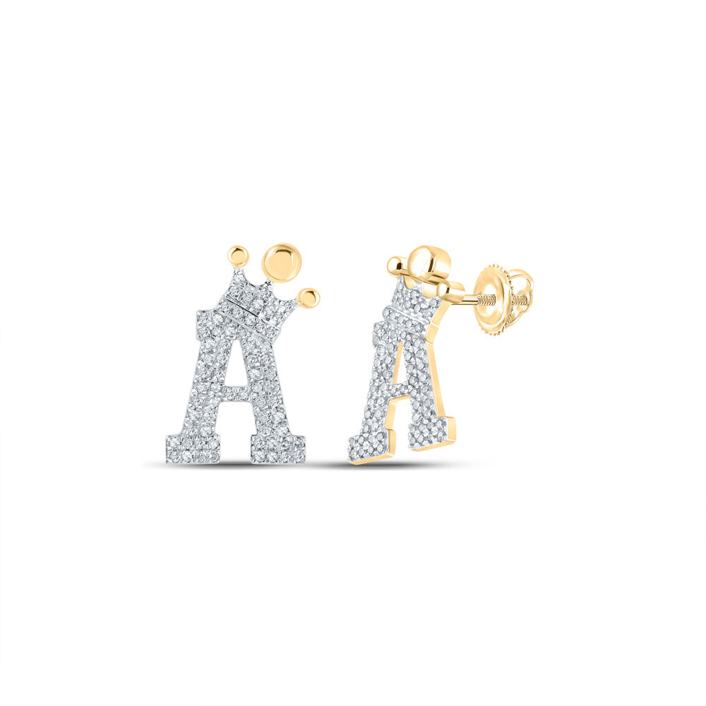 10kt Yellow Gold Womens Round Diamond Crown A Letter Earrings 1/3 Cttw
