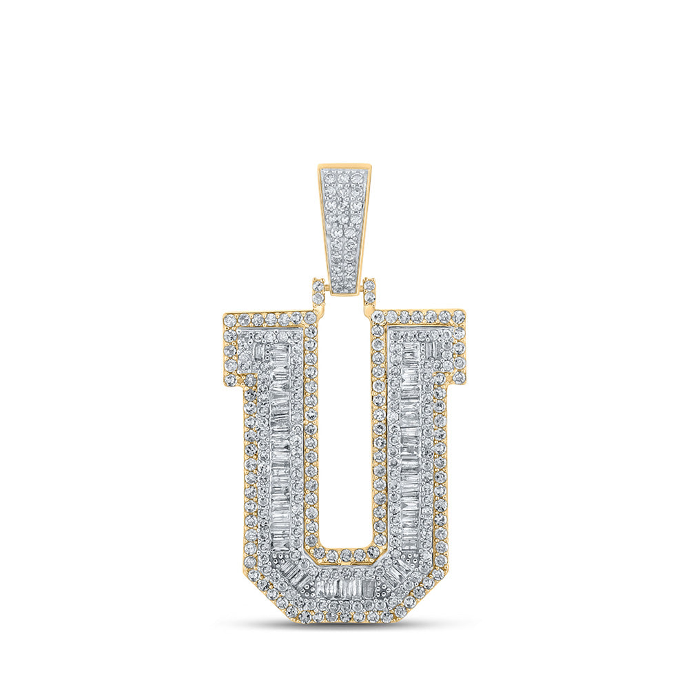 10kt Two-tone Gold Mens Baguette Diamond U Initial Letter Charm Pendant 1-7/8 Cttw