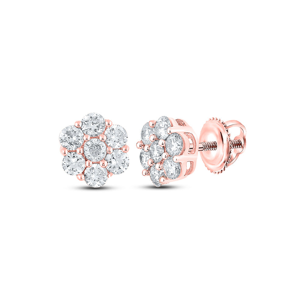 10kt Rose Gold Round Diamond Flower Cluster Earrings 1 Cttw