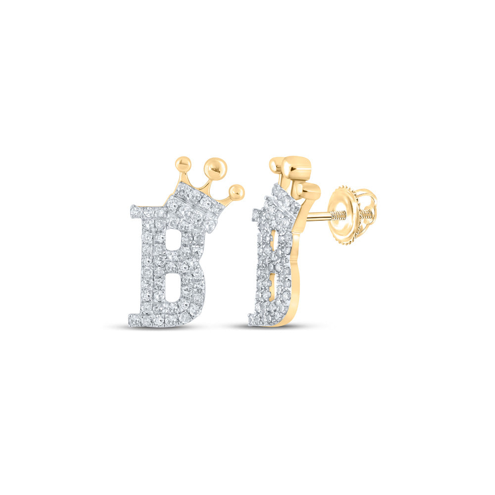 10kt Yellow Gold Womens Round Diamond B Crown Letter Earrings 1/5 Cttw
