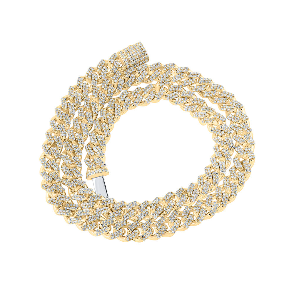 10kt Yellow Gold Mens Round Diamond Cuban Link Chain Necklace 12-3/8 Cttw