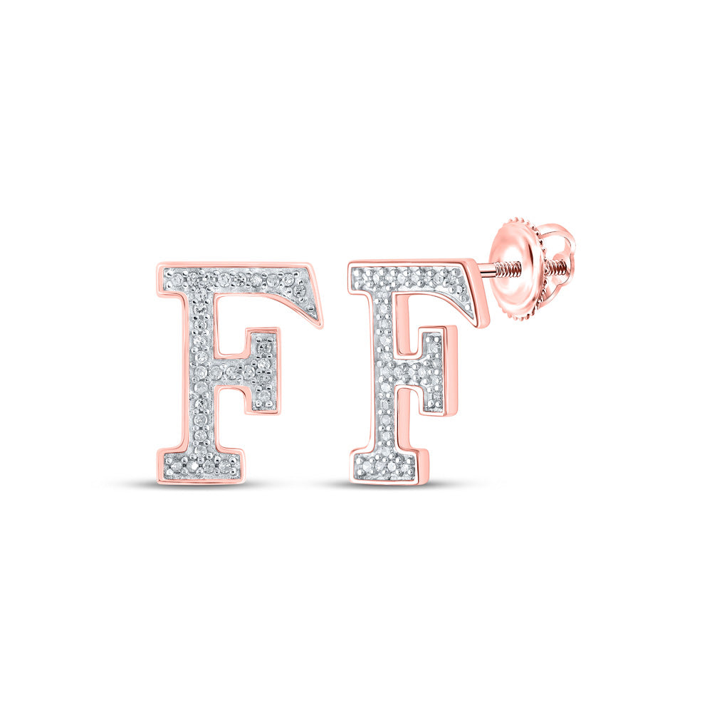 10kt Rose Gold Womens Round Diamond F Initial Letter Earrings 1/8 Cttw