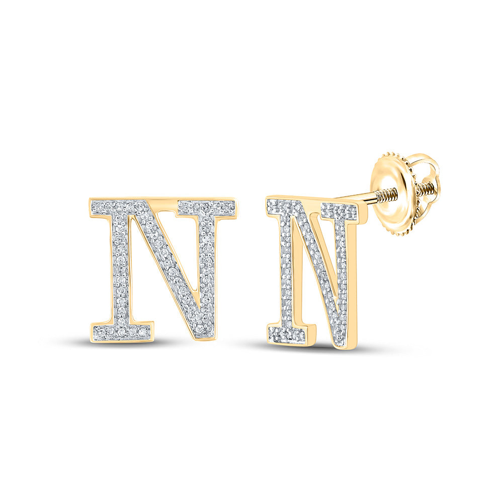 10kt Yellow Gold Womens Round Diamond N Initial Letter Earrings 1/5 Cttw