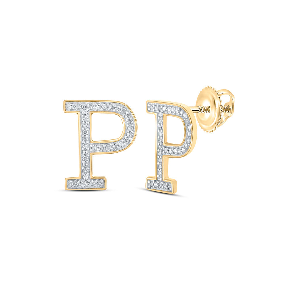 10kt Yellow Gold Womens Round Diamond P Initial Letter Earrings 1/8 Cttw