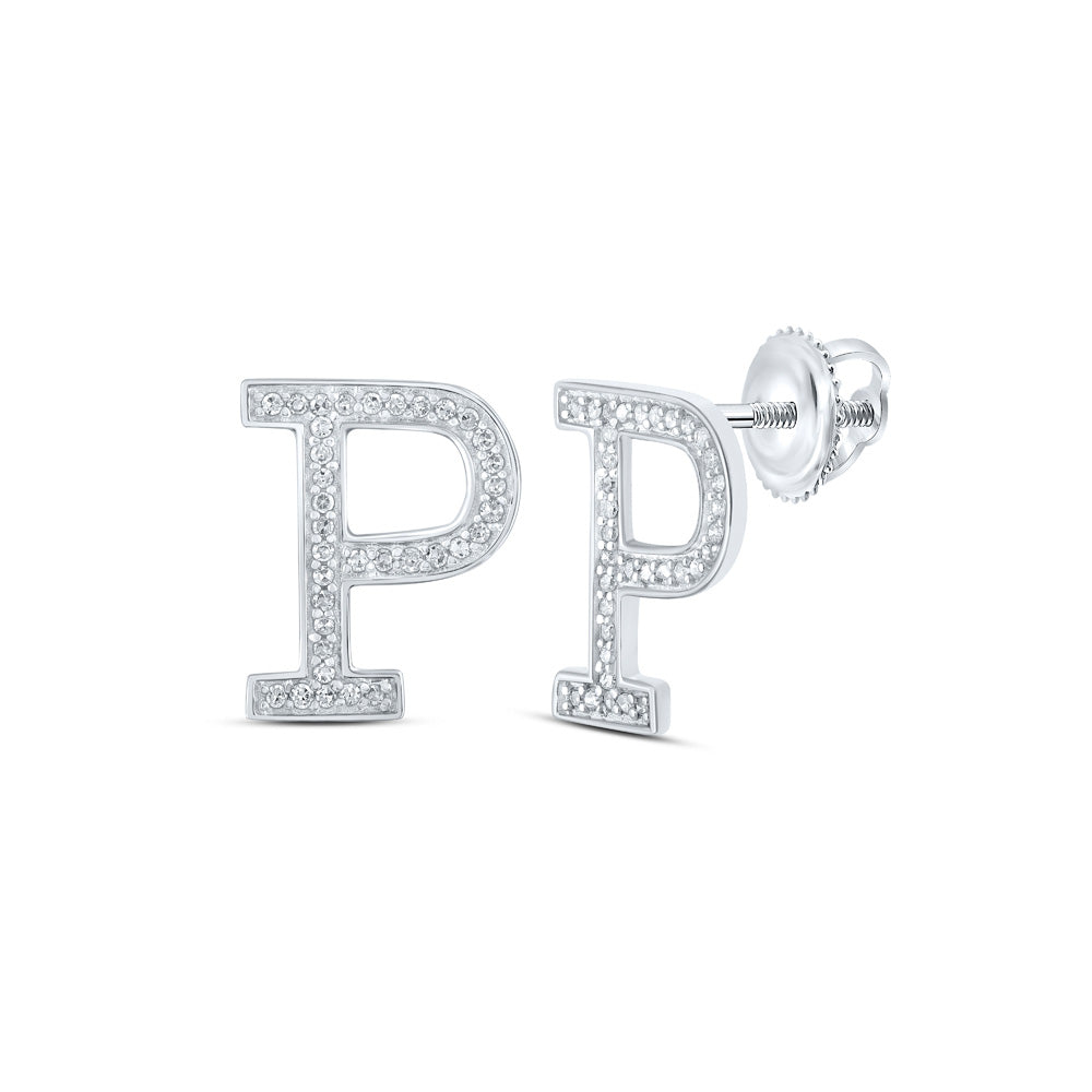 10kt White Gold Womens Round Diamond P Initial Letter Earrings 1/8 Cttw