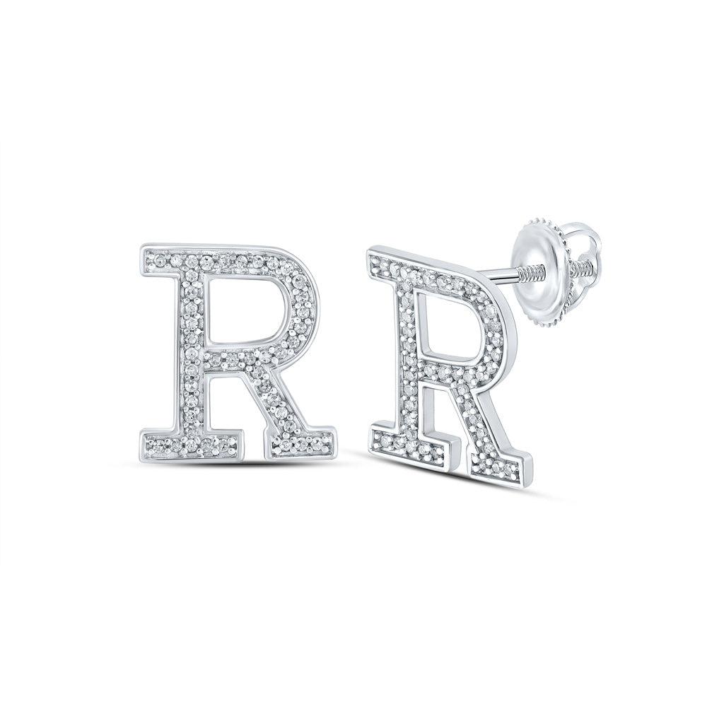 10kt White Gold Womens Round Diamond R Initial Letter Earrings 1/6 Cttw