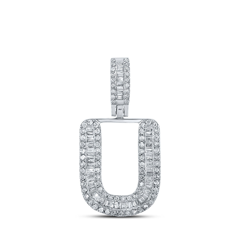 10kt White Gold Mens Baguette Diamond U Initial Letter Pendant 3/8 Cttw