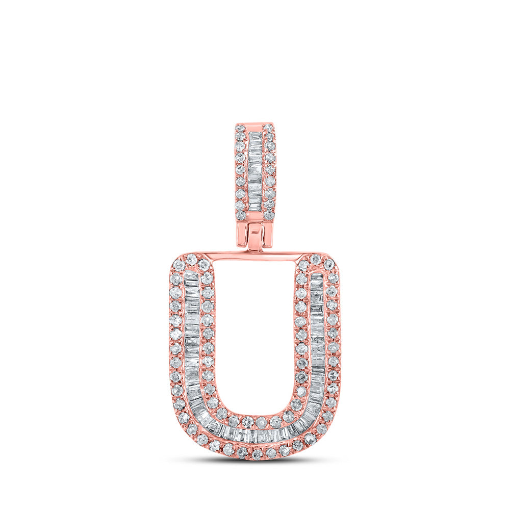 10kt Rose Gold Mens Baguette Diamond U Initial Letter Pendant 3/8 Cttw