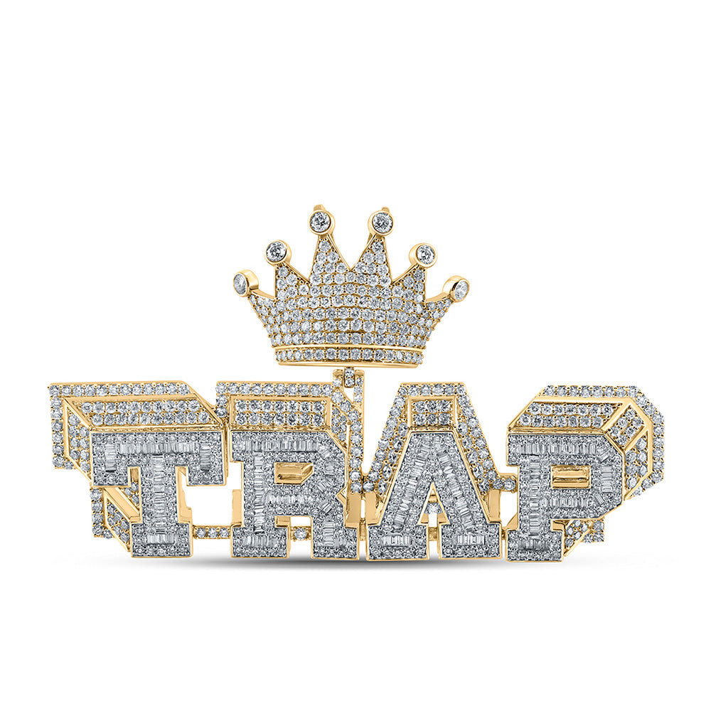 10kt Yellow Gold Mens Baguette Diamond TRAP Crown Phrase Charm Pendant 8-1/2 Cttw