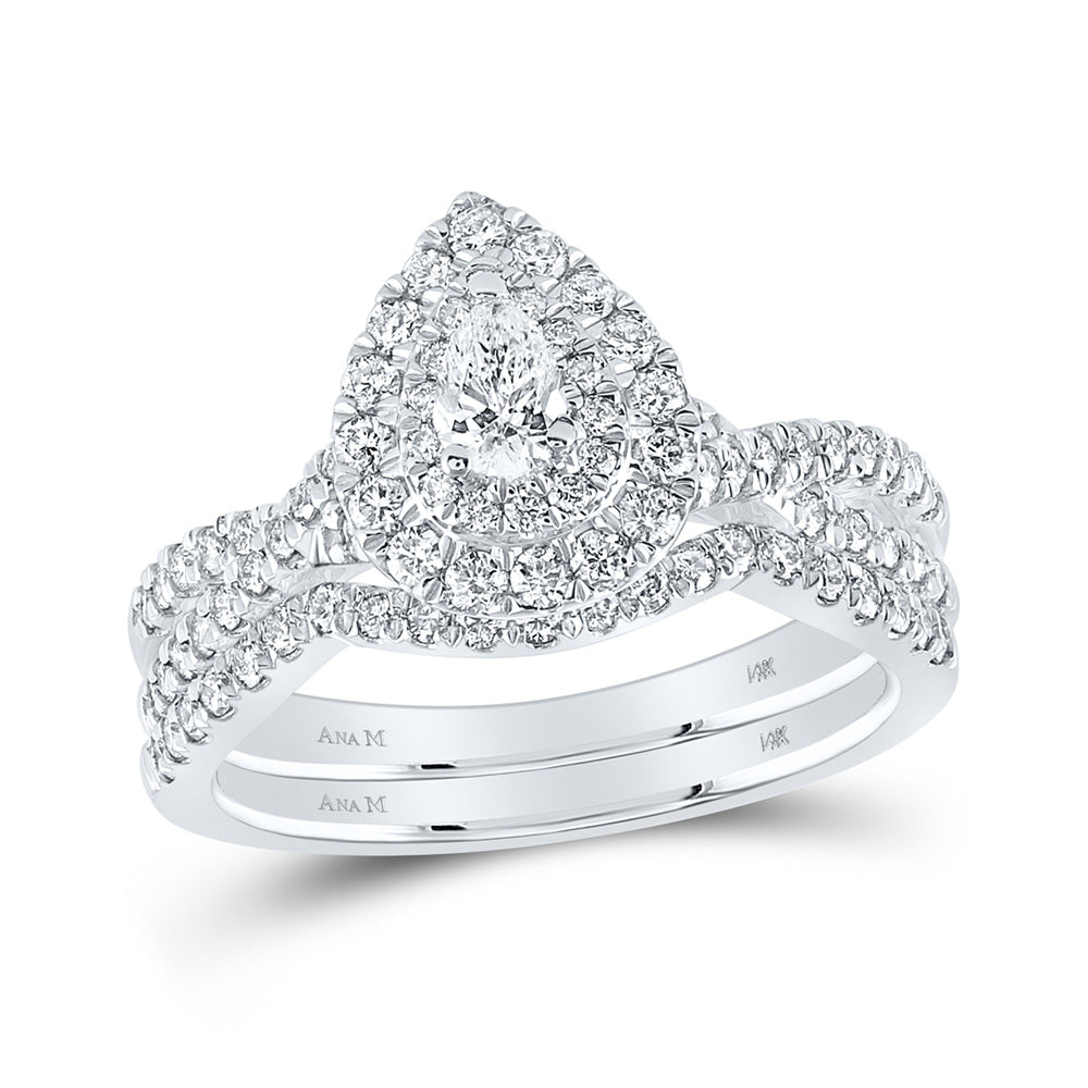 14kt White Gold Pear Diamond Halo Bridal Wedding Ring Band Set 1 Cttw