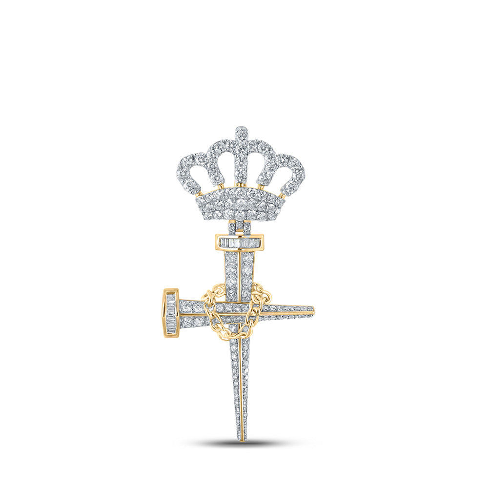 10kt Yellow Gold Mens Baguette Diamond Nail Cross Crown Charm Pendant 3 Cttw