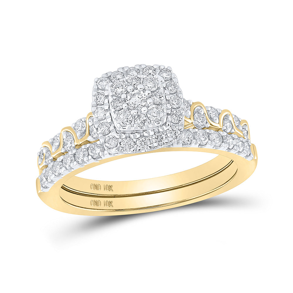 10kt Yellow Gold Round Diamond Square Bridal Wedding Ring Band Set 3/4 Cttw