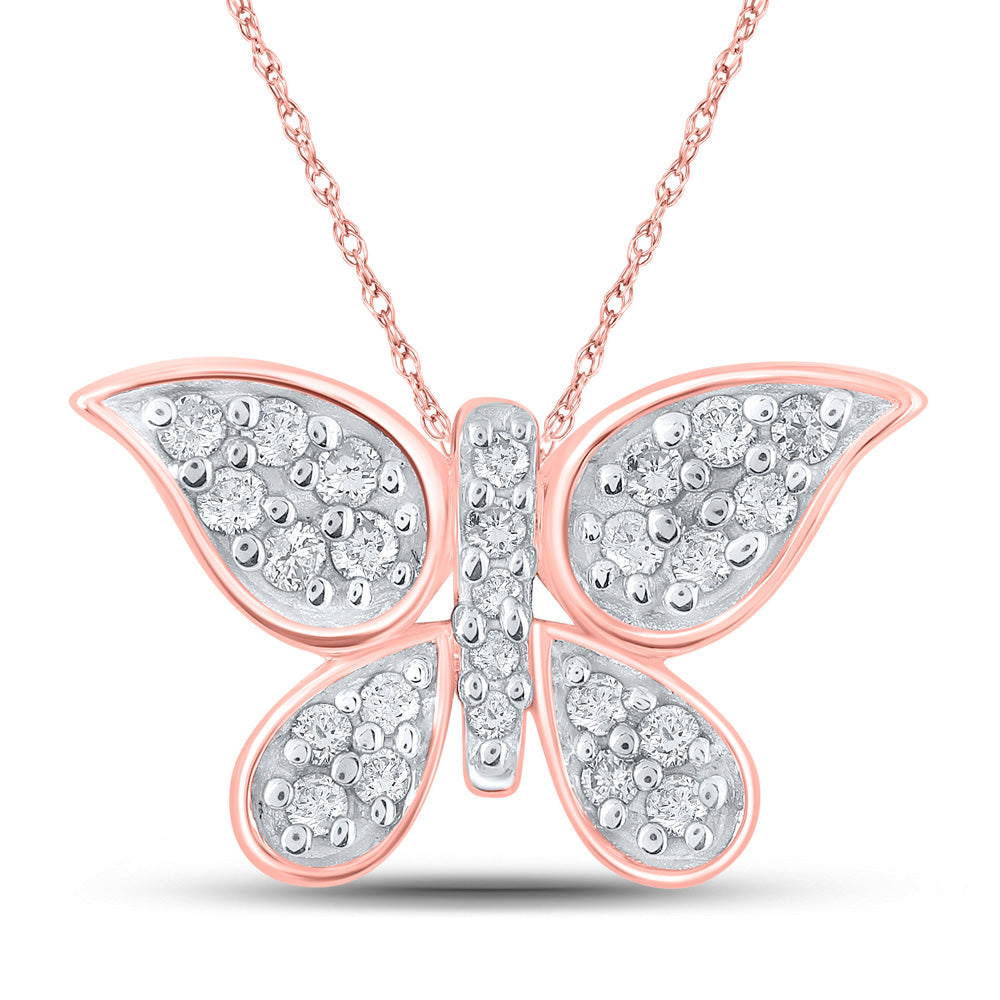 10kt Rose Gold Womens Round Diamond Butterfly Pendant 1/6 Cttw
