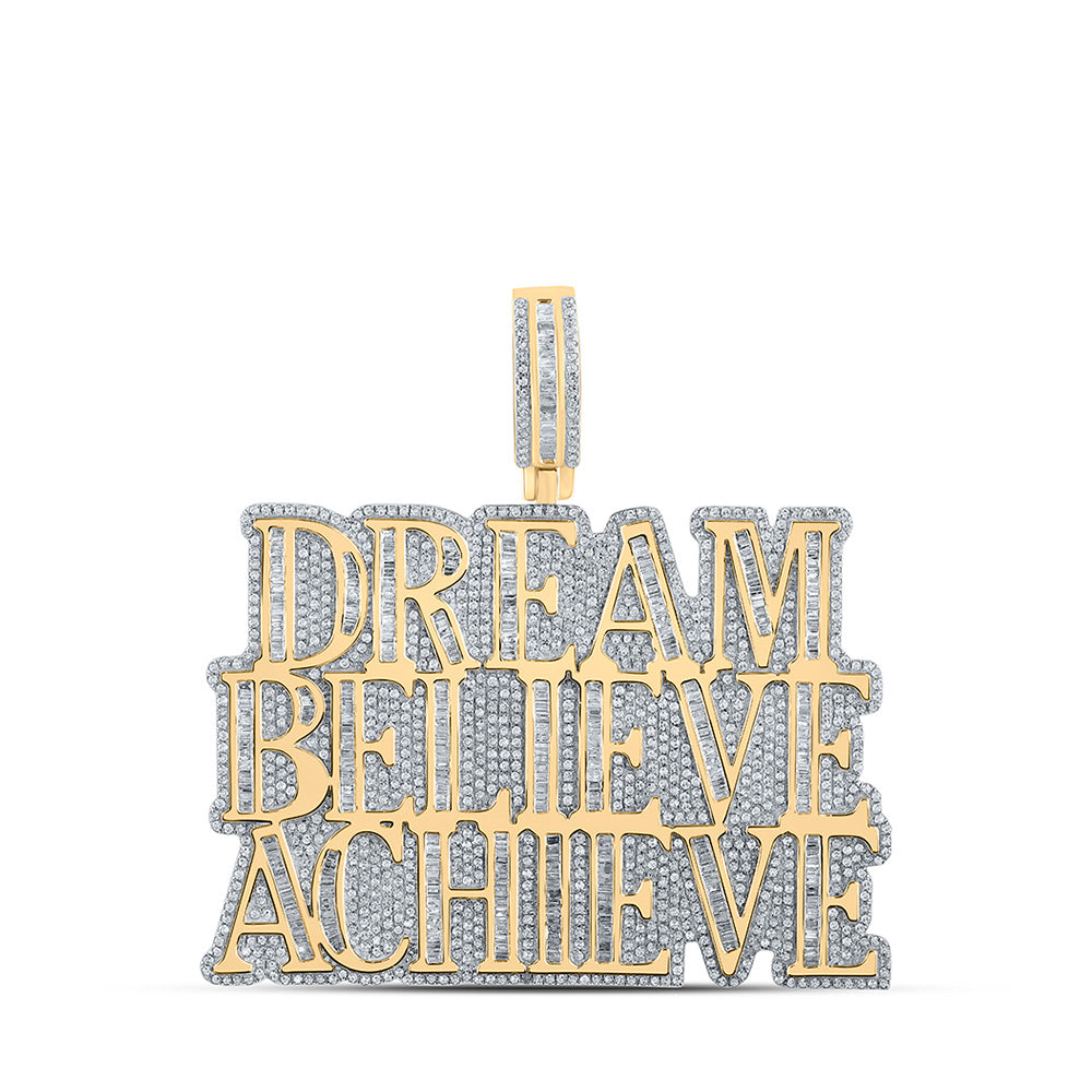 10kt Yellow Gold Mens Baguette Diamond Dream Believe Achieve Phrase Charm Pendant 4-1/2 Cttw