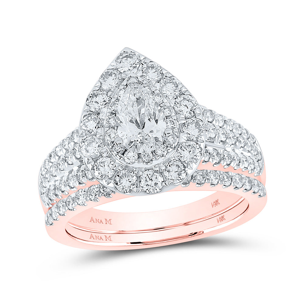 14kt Rose Gold Pear Diamond Halo Bridal Wedding Ring Band Set 2 Cttw