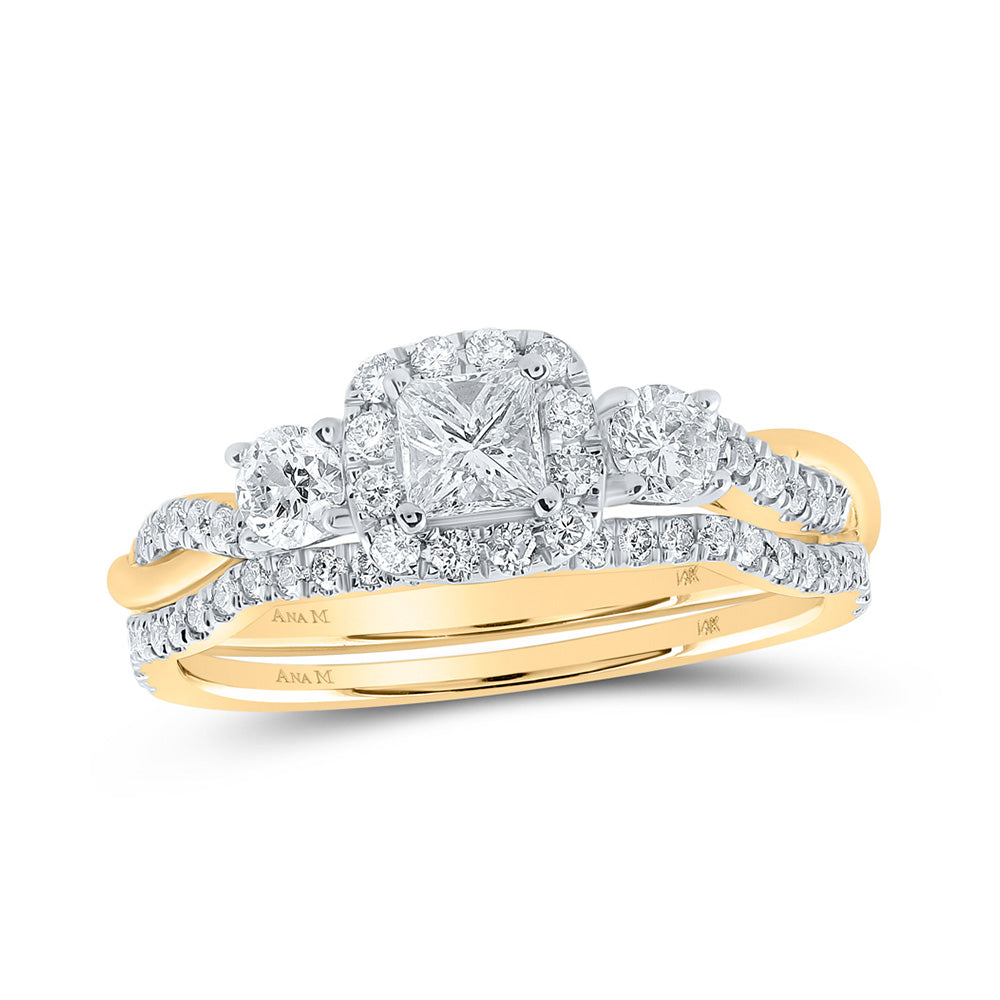 14kt Yellow Gold Princess Diamond Halo Bridal Wedding Ring Band Set 3/4 Cttw