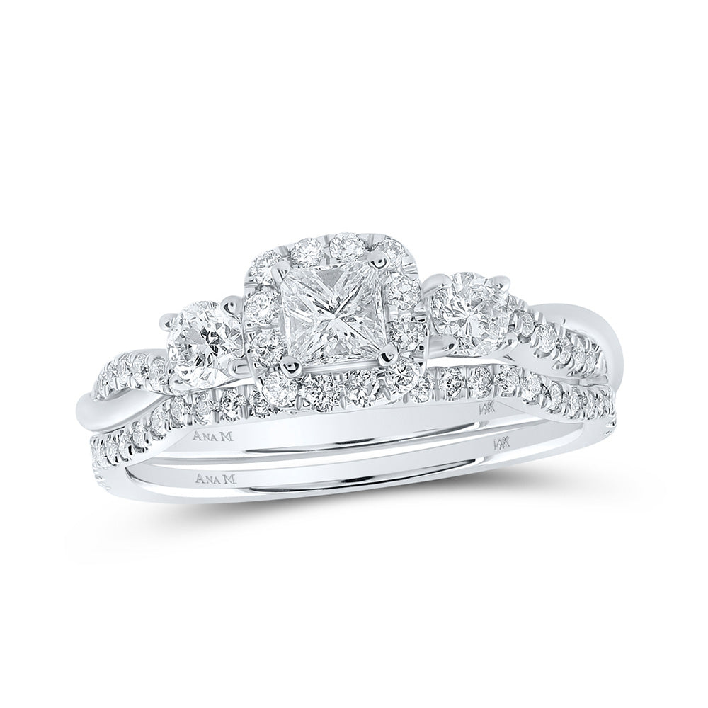 14kt White Gold Princess Diamond Halo Bridal Wedding Ring Band Set 3/4 Cttw
