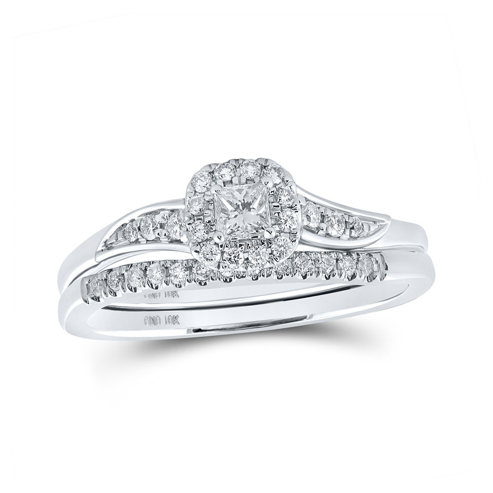 10kt White Gold Princess Diamond Halo Bridal Wedding Ring Band Set 1/3 Cttw