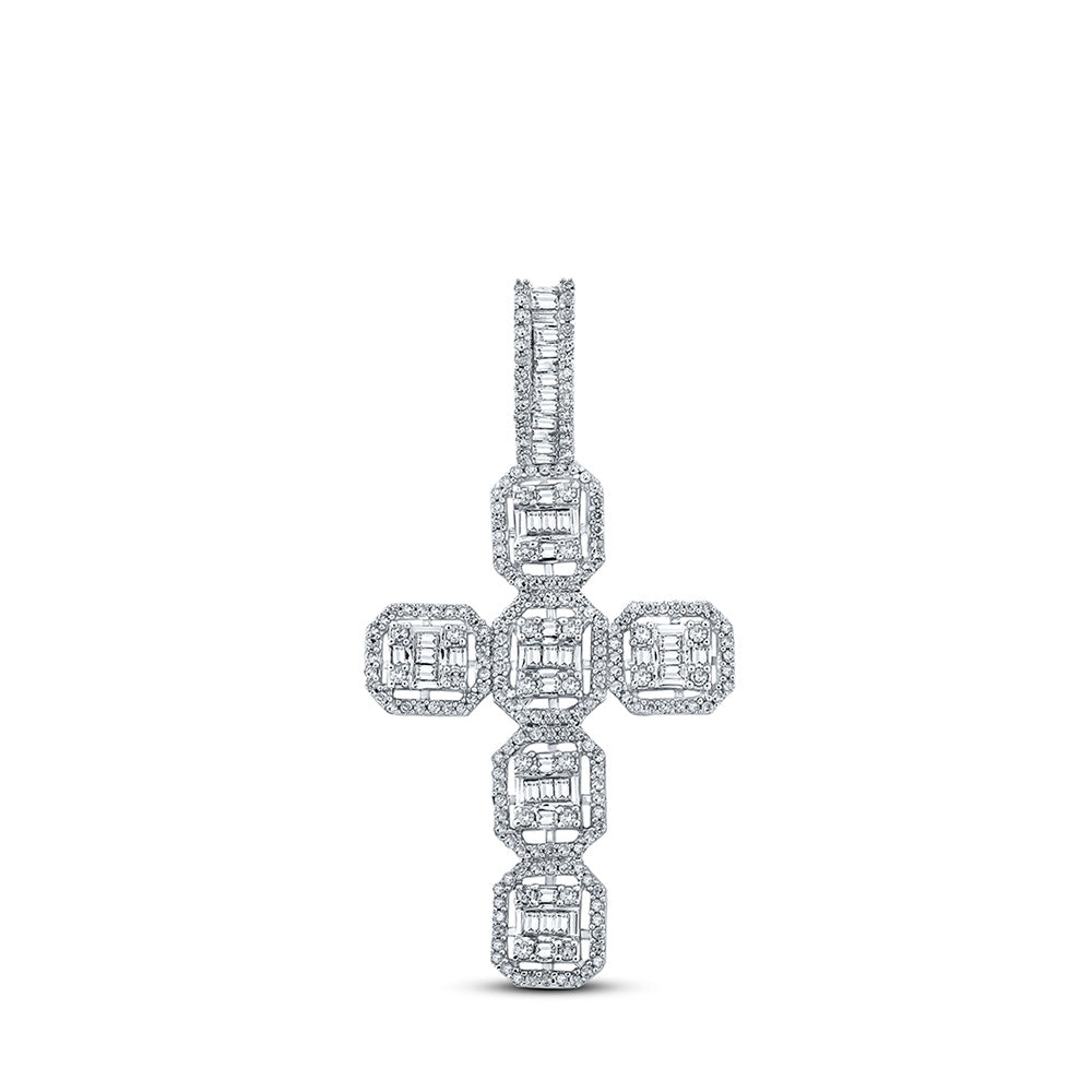 10kt White Gold Mens Baguette Diamond Cross Charm Pendant 1 Cttw