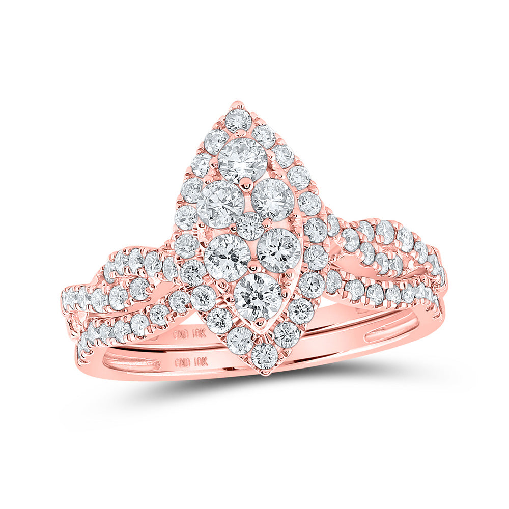 10kt Rose Gold Round Diamond Marquise-shape Bridal Wedding Ring Band Set 1 Cttw
