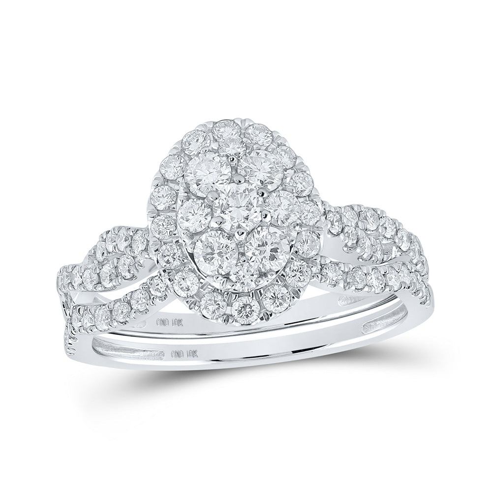 10kt White Gold Round Diamond Oval Cluster Bridal Wedding Ring Band Set 1-1/2 Cttw